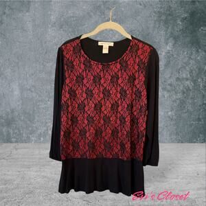 August Silk Red Black Lace Overlay Front Top Sz L 3/4 Sleeve Round Neck Holiday